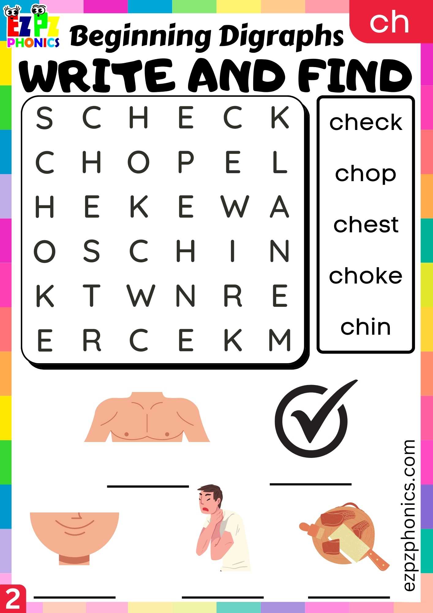 Group2 CH Words Write And Find Consonant Digraphs Phonics Beginning Worksheet